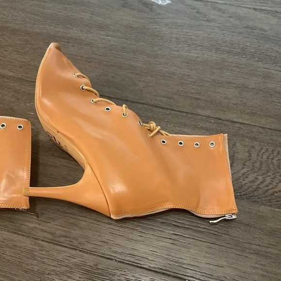 NWT BURJU Sofiya Nude Open Toe Lace Up Ankle Boots | Size 10.5