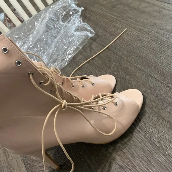NWT BURJU Sofiya Nude Open Toe Lace Up Ankle Boots | Size 12