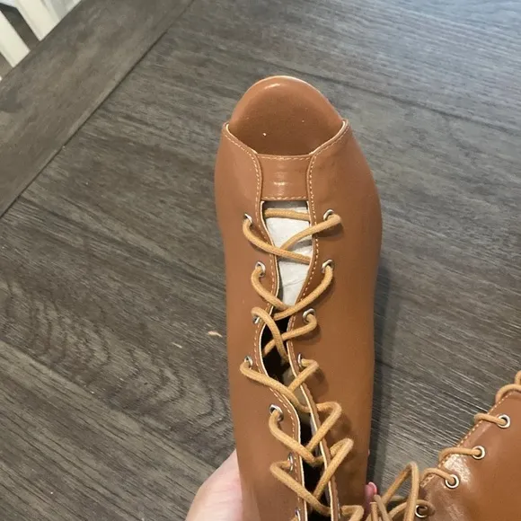 NWT BURJU Sofiya Nude Open Toe Lace Up Ankle Boots | Size 9.5