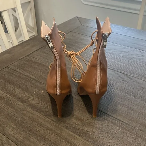 NWT BURJU Sofiya Nude Open Toe Lace Up Ankle Boots | Size 9.5