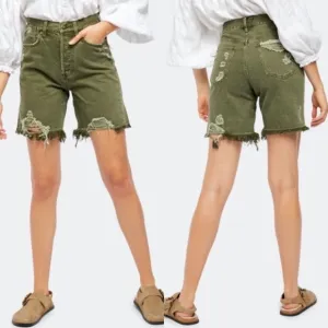 NWT Free People Sequoia Mid Length Distressed Bermuda Short In Forest Green