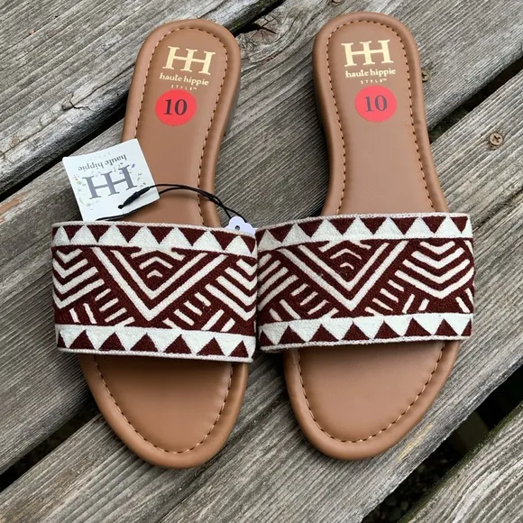 NWT HAUTE HIPPIE Jamun Brown Tribal Print Textile Slide Sandals Size 10