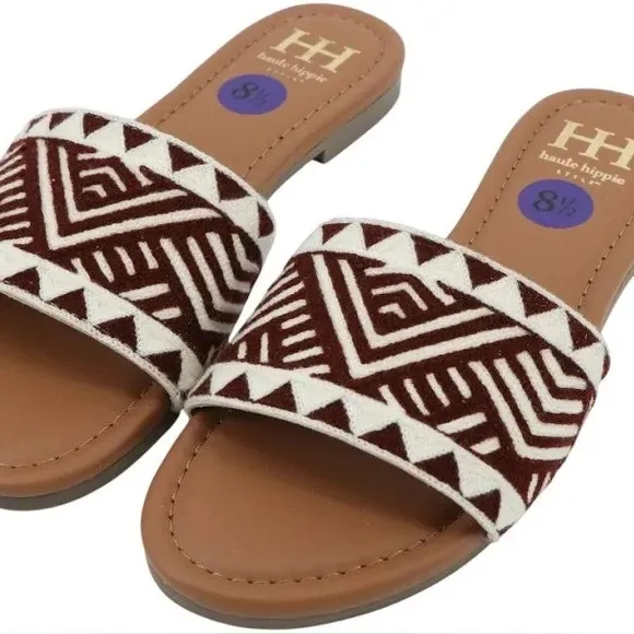 NWT HAUTE HIPPIE Jamun Brown Tribal Print Textile Slide Sandals Size 10
