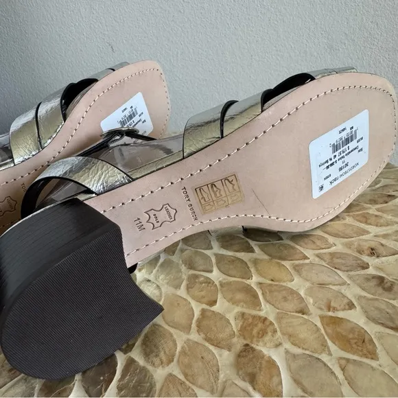 NWT Tory Burch Silver City Heel Ankle Strap All Leather Block Sandals size 11 M