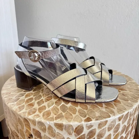 NWT Tory Burch Silver City Heel Ankle Strap All Leather Block Sandals size 11 M