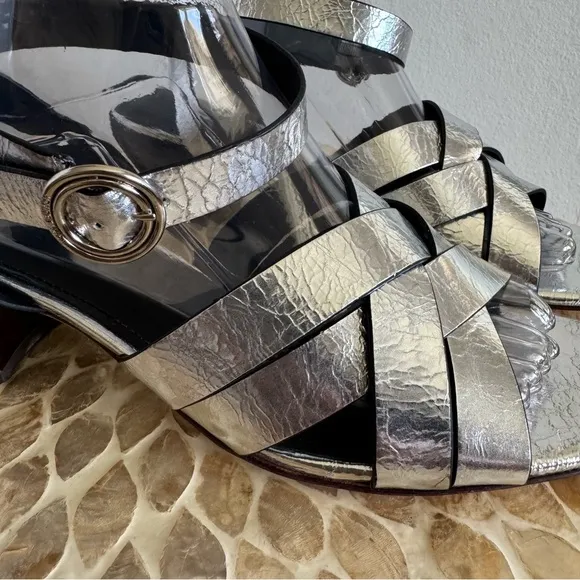 NWT Tory Burch Silver City Heel Ankle Strap All Leather Block Sandals size 11 M