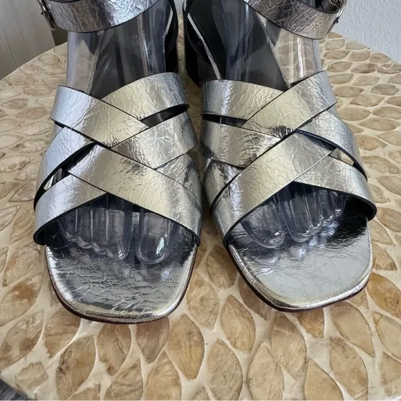 NWT Tory Burch Silver City Heel Ankle Strap All Leather Block Sandals size 11 M
