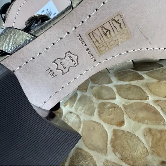 NWT Tory Burch Silver City Heel Ankle Strap All Leather Block Sandals size 11 M