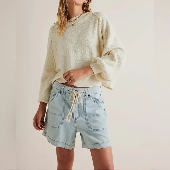 NWT We The Free Second Chances Pull On Shorts Drawstring Blue Free People