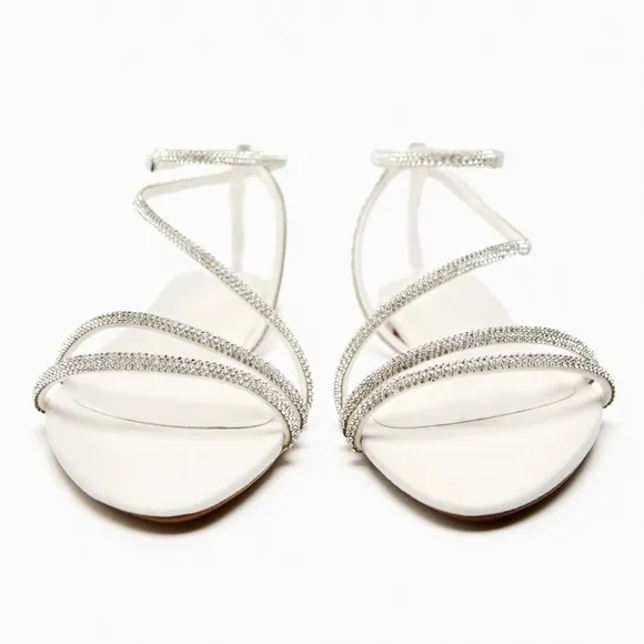 NWT. Zara Flat Slider Sandals with Rhinestone Straps. Size 7,5.