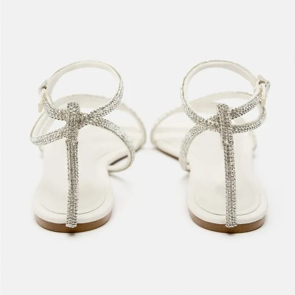 NWT. Zara Flat Slider Sandals with Rhinestone Straps. Size 7,5.