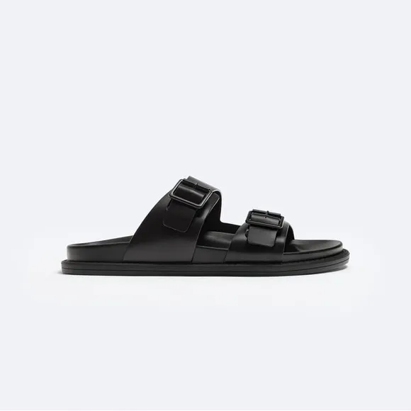 NWT. Zara Man Black Two Straps Buckle Slide Sandals. Size 12(EUR 45).