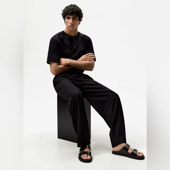 NWT. Zara Man Black Two Straps Buckle Slide Sandals. Size 12(EUR 45).