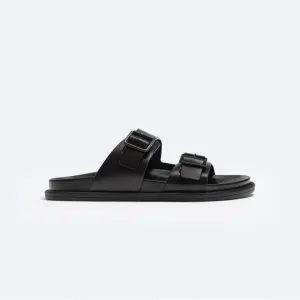 NWT. Zara Man Black Two Straps Buckle Slide Sandals. Size 12(EUR 45).