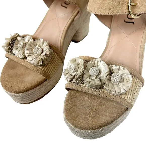 NYDJ Houston Platform Suede Open Toe Espadrille Sandals Rosette Neutral Size 9.5