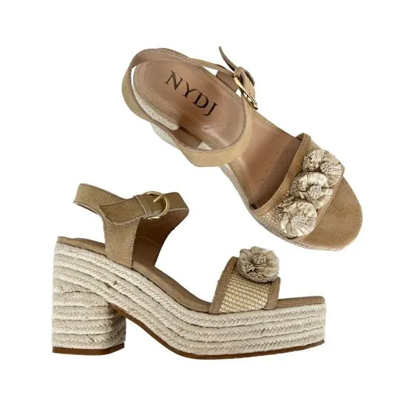 NYDJ Houston Platform Suede Open Toe Espadrille Sandals Rosette Neutral Size 9.5