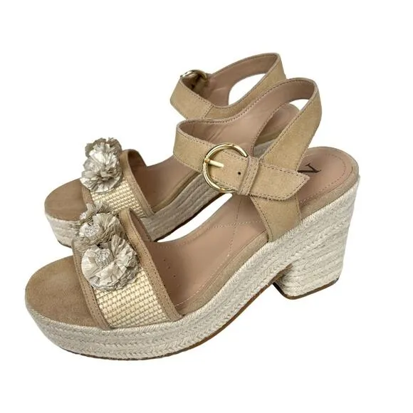 NYDJ Houston Platform Suede Open Toe Espadrille Sandals Rosette Neutral Size 9.5