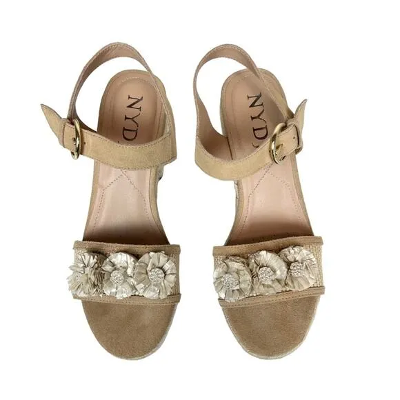 NYDJ Houston Platform Suede Open Toe Espadrille Sandals Rosette Neutral Size 9.5