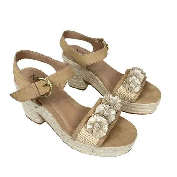NYDJ Houston Platform Suede Open Toe Espadrille Sandals Rosette Neutral Size 9.5