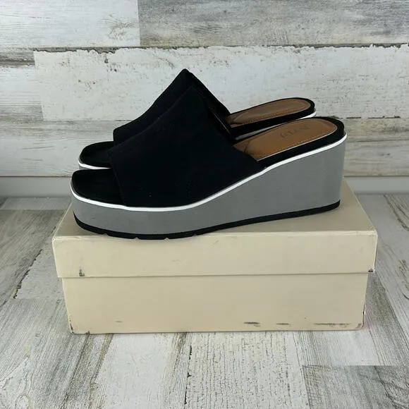 NYDJ womens 8 1/2 Rysa Black Canvas Platform Wedge Sandals with Gray/White Sole