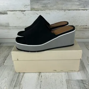 NYDJ womens 8 1/2 Rysa Black Canvas Platform Wedge Sandals with Gray/White Sole