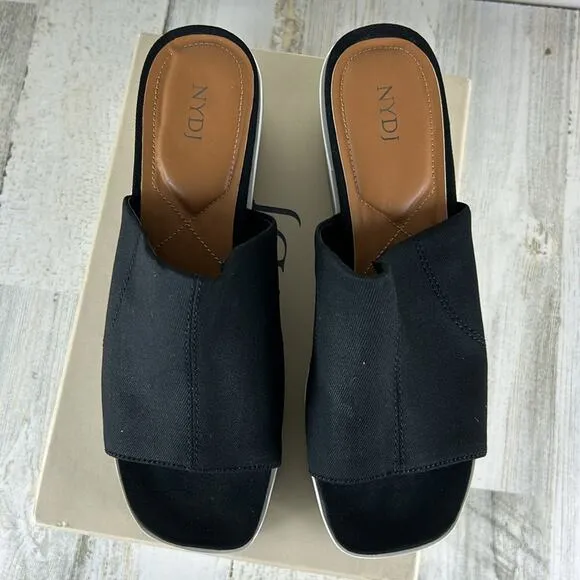 NYDJ womens 8 1/2 Rysa Black Canvas Platform Wedge Sandals with Gray/White Sole