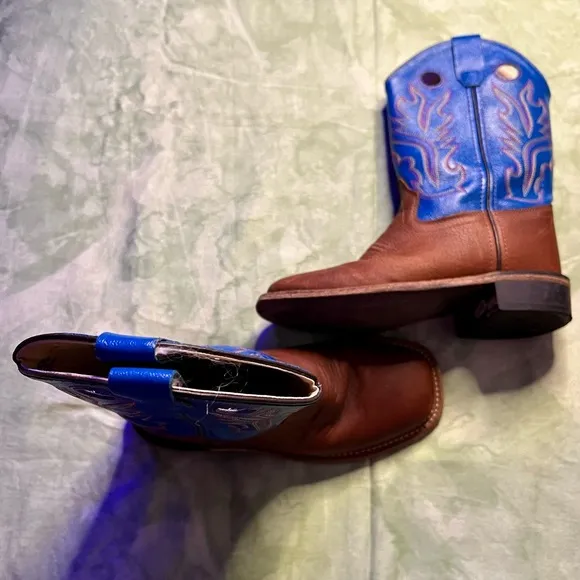Old West Kids Oiled Rusty Brown and Blue Corona Calf Square Toe Cowboy Boots