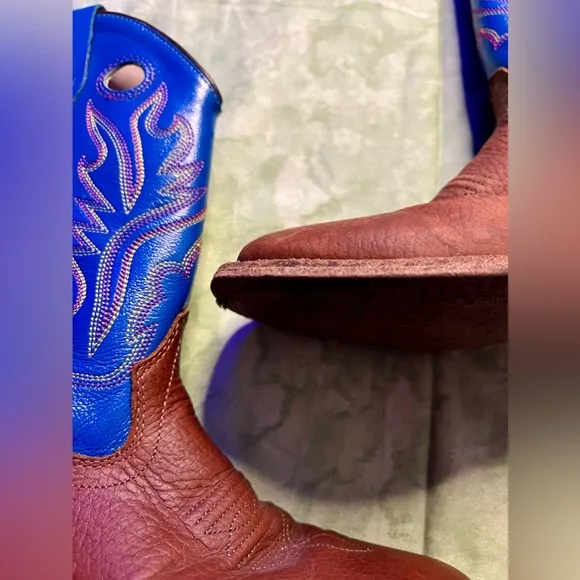 Old West Kids Oiled Rusty Brown and Blue Corona Calf Square Toe Cowboy Boots