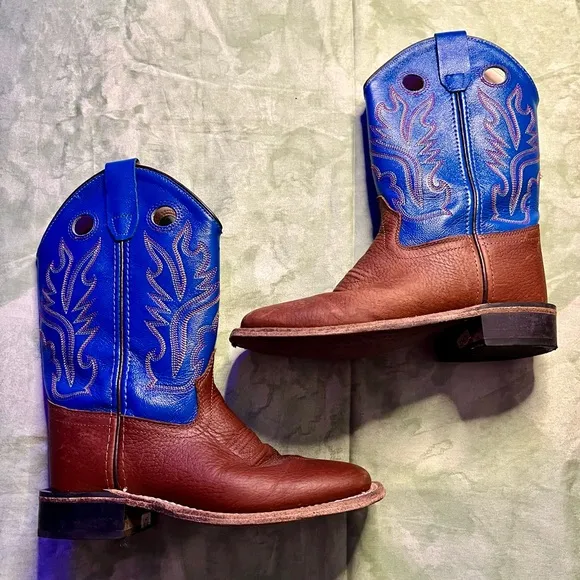 Old West Kids Oiled Rusty Brown and Blue Corona Calf Square Toe Cowboy Boots