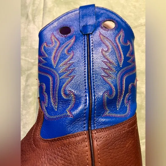 Old West Kids Oiled Rusty Brown and Blue Corona Calf Square Toe Cowboy Boots