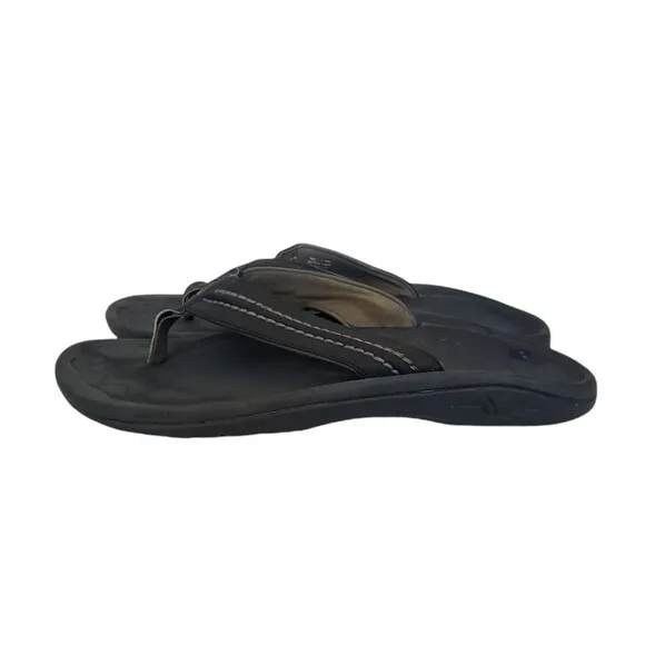 OluKai Hokua Flip Flops Black Slides Slip On Sandals Comfort Men Size 12