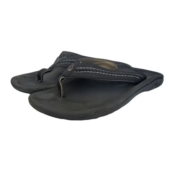 OluKai Hokua Flip Flops Black Slides Slip On Sandals Comfort Men Size 12