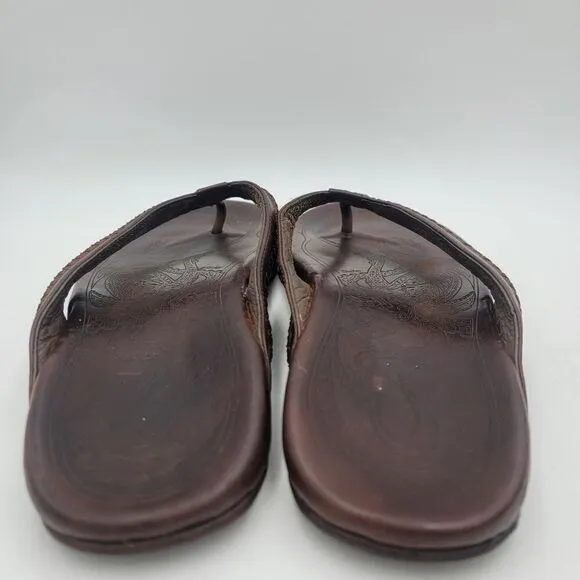 OluKai Mea Ola Brown Leather Embroidered Sandals Flip Flops Comfort Mens Size 13