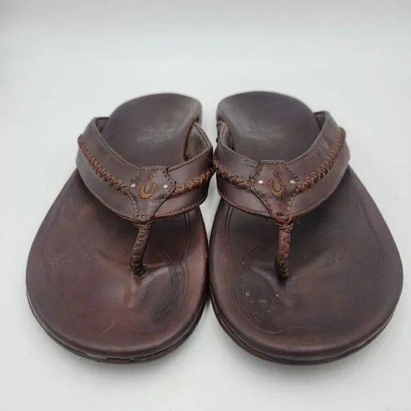 OluKai Mea Ola Brown Leather Embroidered Sandals Flip Flops Comfort Mens Size 13