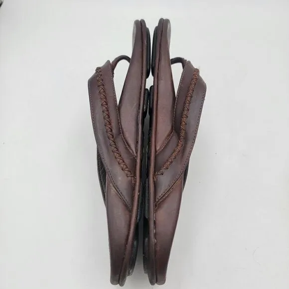 OluKai Mea Ola Brown Leather Embroidered Sandals Flip Flops Comfort Mens Size 13