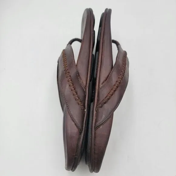 OluKai Mea Ola Brown Leather Embroidered Sandals Flip Flops Comfort Mens Size 13