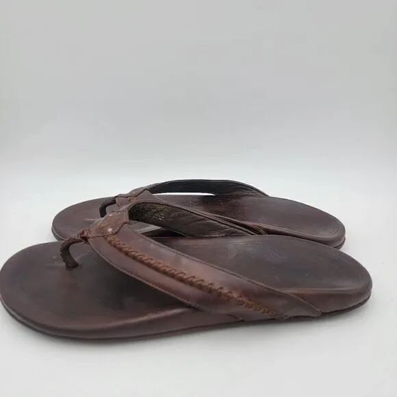 OluKai Mea Ola Brown Leather Embroidered Sandals Flip Flops Comfort Mens Size 13