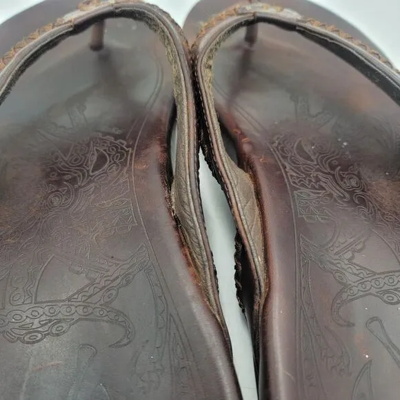 OluKai Mea Ola Brown Leather Embroidered Sandals Flip Flops Comfort Mens Size 13