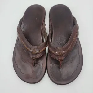 OluKai Mea Ola Brown Leather Embroidered Sandals Flip Flops Comfort Mens Size 13