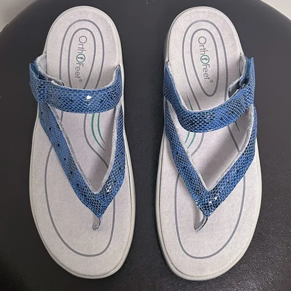 Orthofeet Blue Black Gaya Toe Post Thong Reptile Pattern Sandals NIB 9.5 Wide