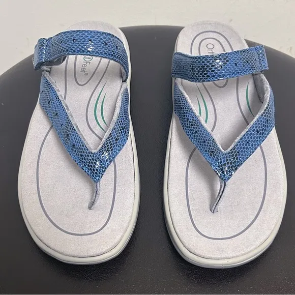 Orthofeet Blue Black Gaya Toe Post Thong Reptile Pattern Sandals NIB 9.5 Wide