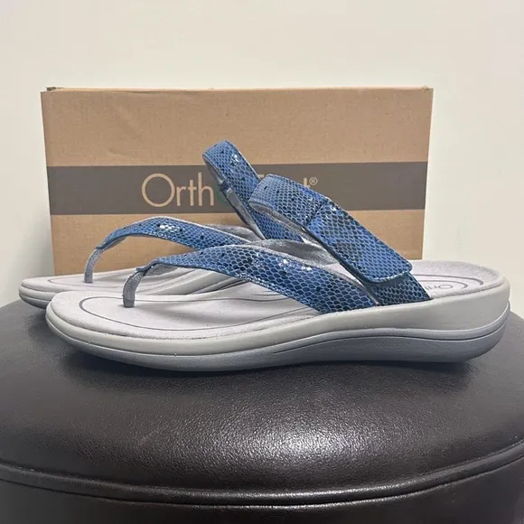 Orthofeet Blue Black Gaya Toe Post Thong Reptile Pattern Sandals NIB 9.5 Wide