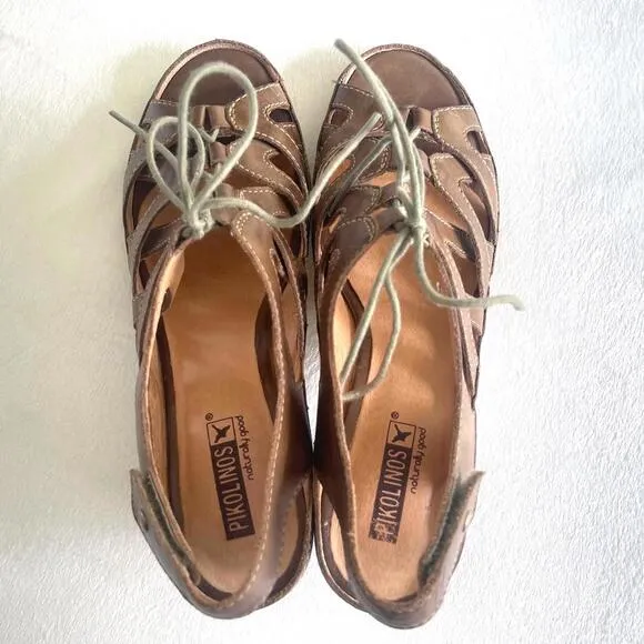 Pikolinos Java Leather Caged Peep Toe Lace Up Heel Sandals