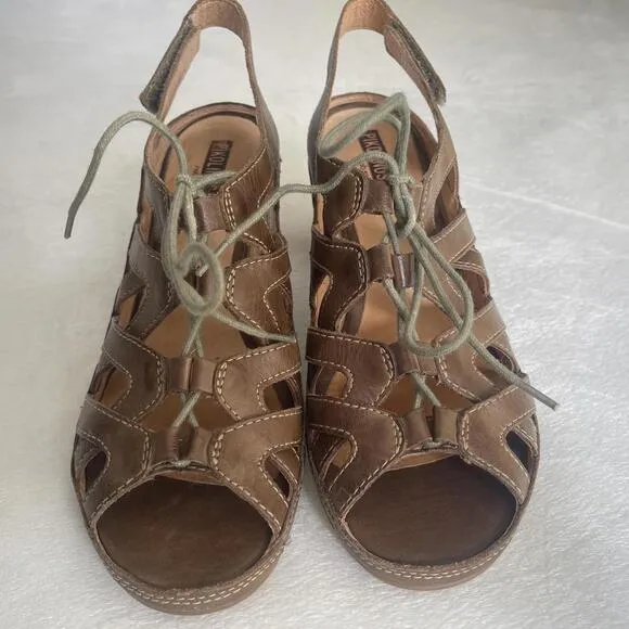 Pikolinos Java Leather Caged Peep Toe Lace Up Heel Sandals