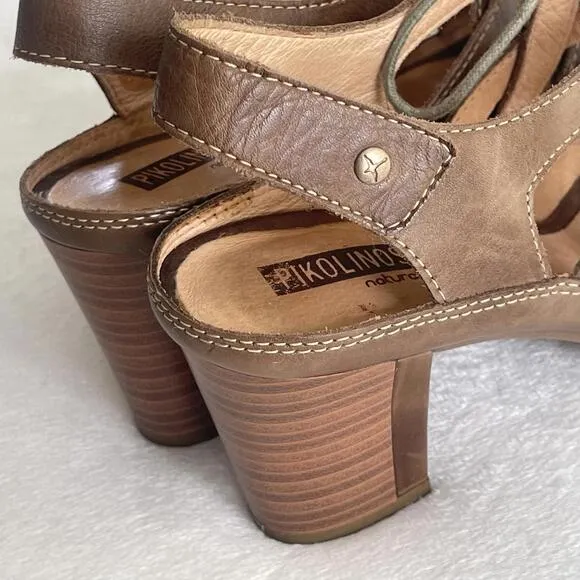 Pikolinos Java Leather Caged Peep Toe Lace Up Heel Sandals