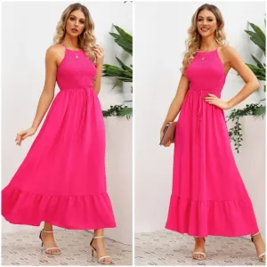 Pink Smocked Crisscross Spaghetti Strap Dress