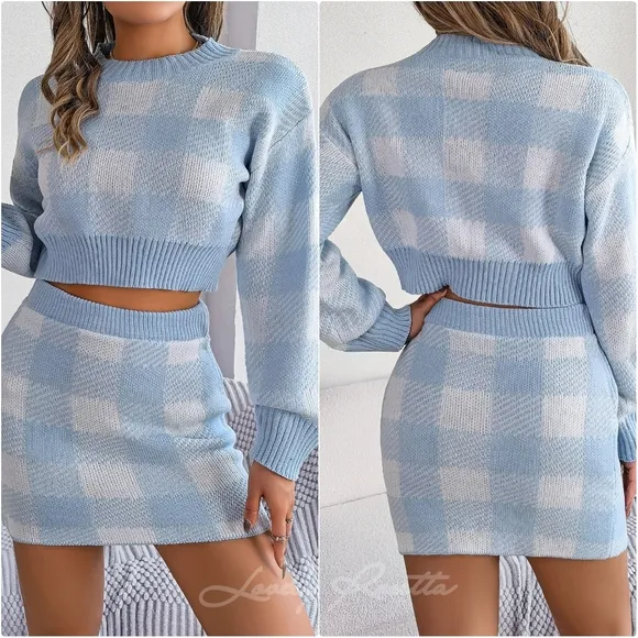 Plaid Top and Skirt Sweater Set