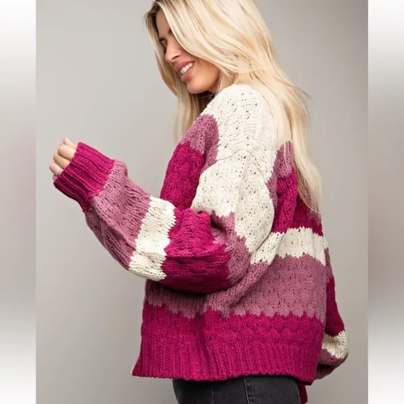 Plum Color Blocked Striped Knit Open Front Cardigan