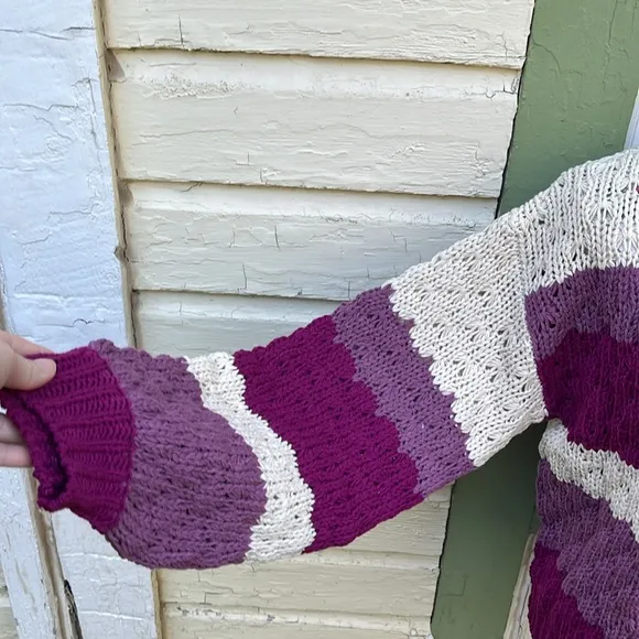 Plum Color Blocked Striped Knit Open Front Cardigan