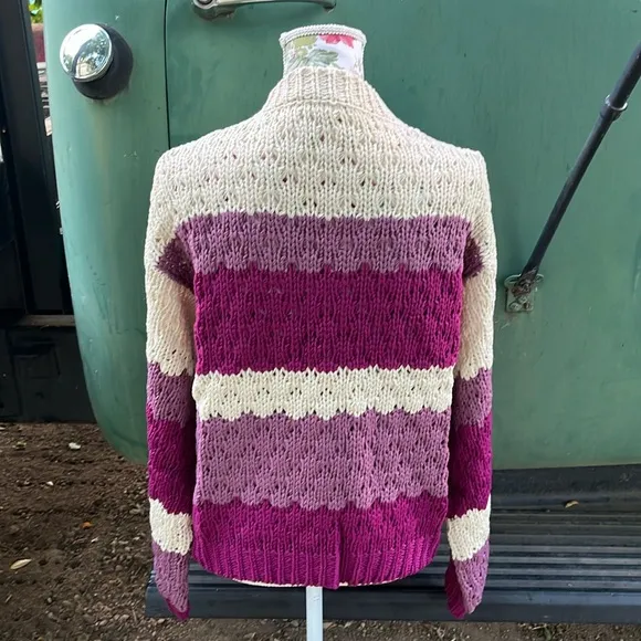 Plum Color Blocked Striped Knit Open Front Cardigan